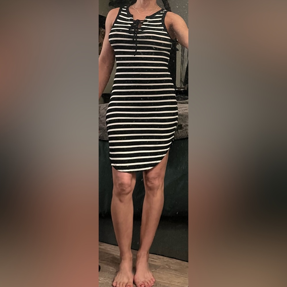 Elegant Black and White Striped Midi Dress